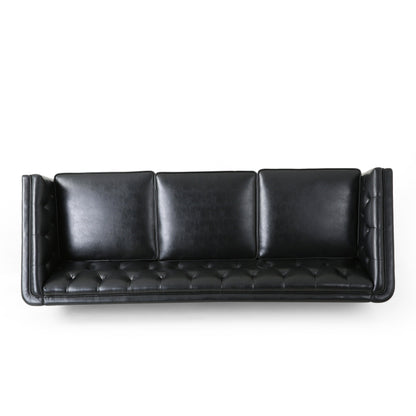 Black 81'' PU Leather 3-Seater Sofa with Tufted Back and Solid Wood Legs