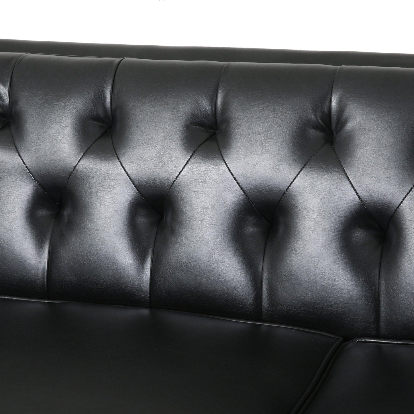 Black 81'' PU Leather 3-Seater Sofa with Tufted Back and Solid Wood Legs