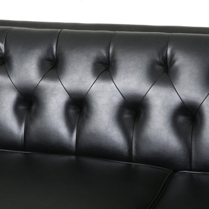 Black 81'' PU Leather 3-Seater Sofa with Tufted Back and Solid Wood Legs