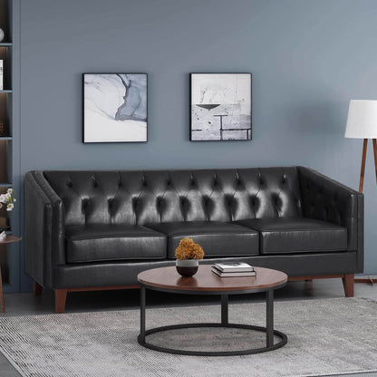Black 81'' PU Leather 3-Seater Sofa with Tufted Back and Solid Wood Legs