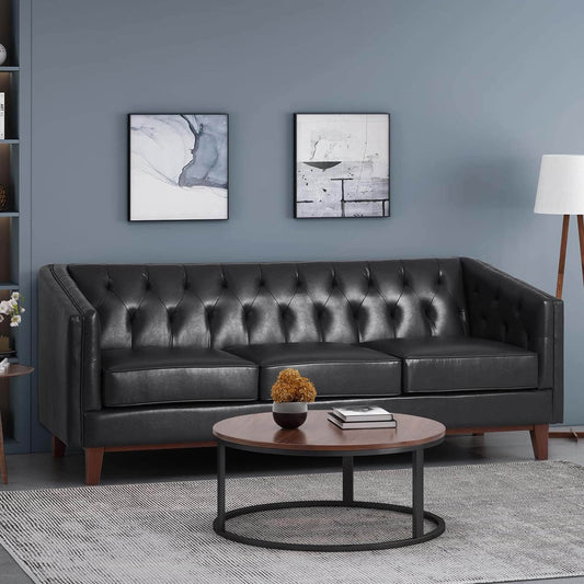 Black 81'' PU Leather 3-Seater Sofa with Tufted Back and Solid Wood Legs