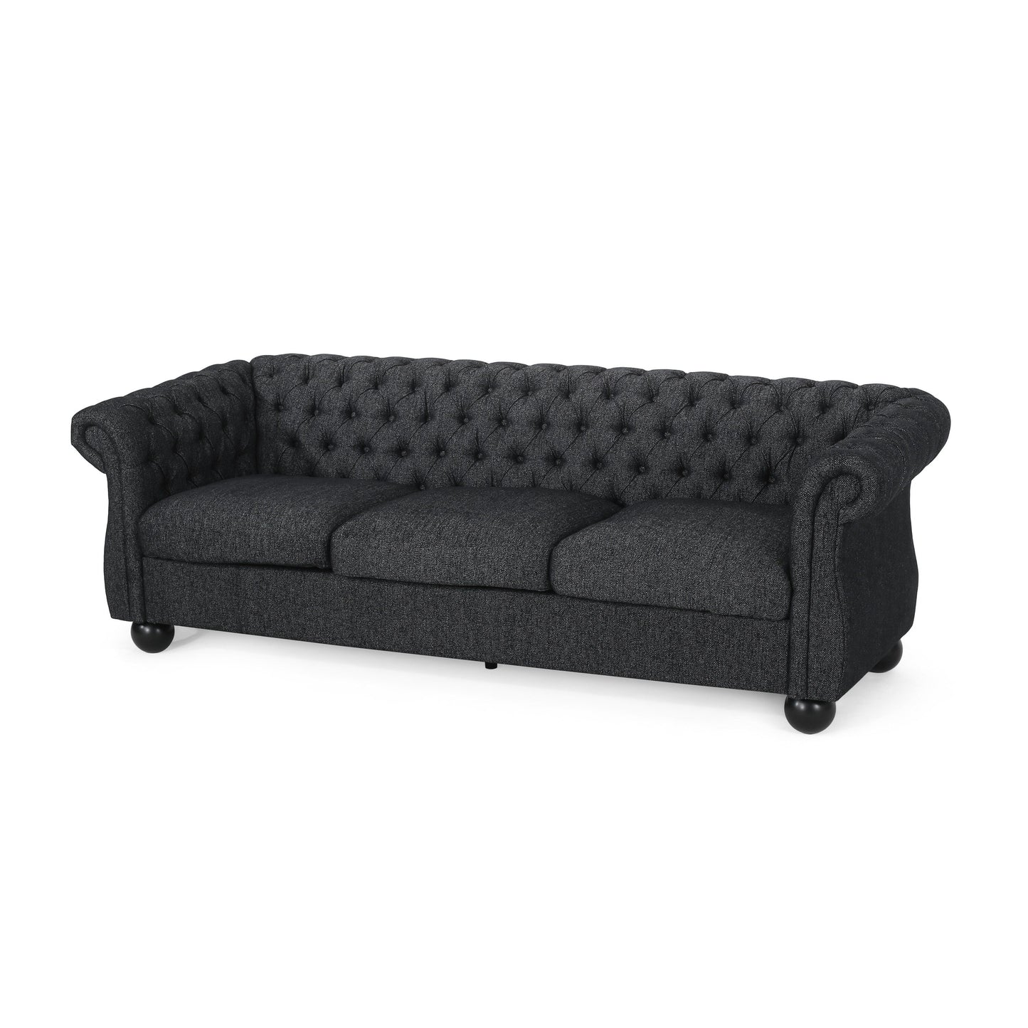 Black 83.25 Polyester 3-Seater Retro Tufted Sofa with Solid Wood Legs, Elegant and Durable for Living Room or Study
