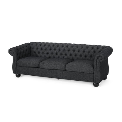 Black 83.25 Polyester 3-Seater Retro Tufted Sofa with Solid Wood Legs, Elegant and Durable for Living Room or Study