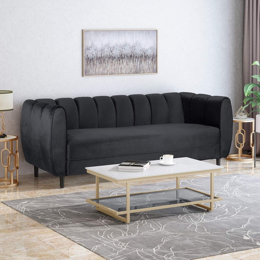 Black 83.25 Velvet Channel Tufted 3-seater Sofa with Birch Wood Legs for Living Room