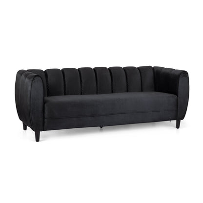 Black 83.25 Velvet Channel Tufted 3-seater Sofa with Birch Wood Legs for Living Room