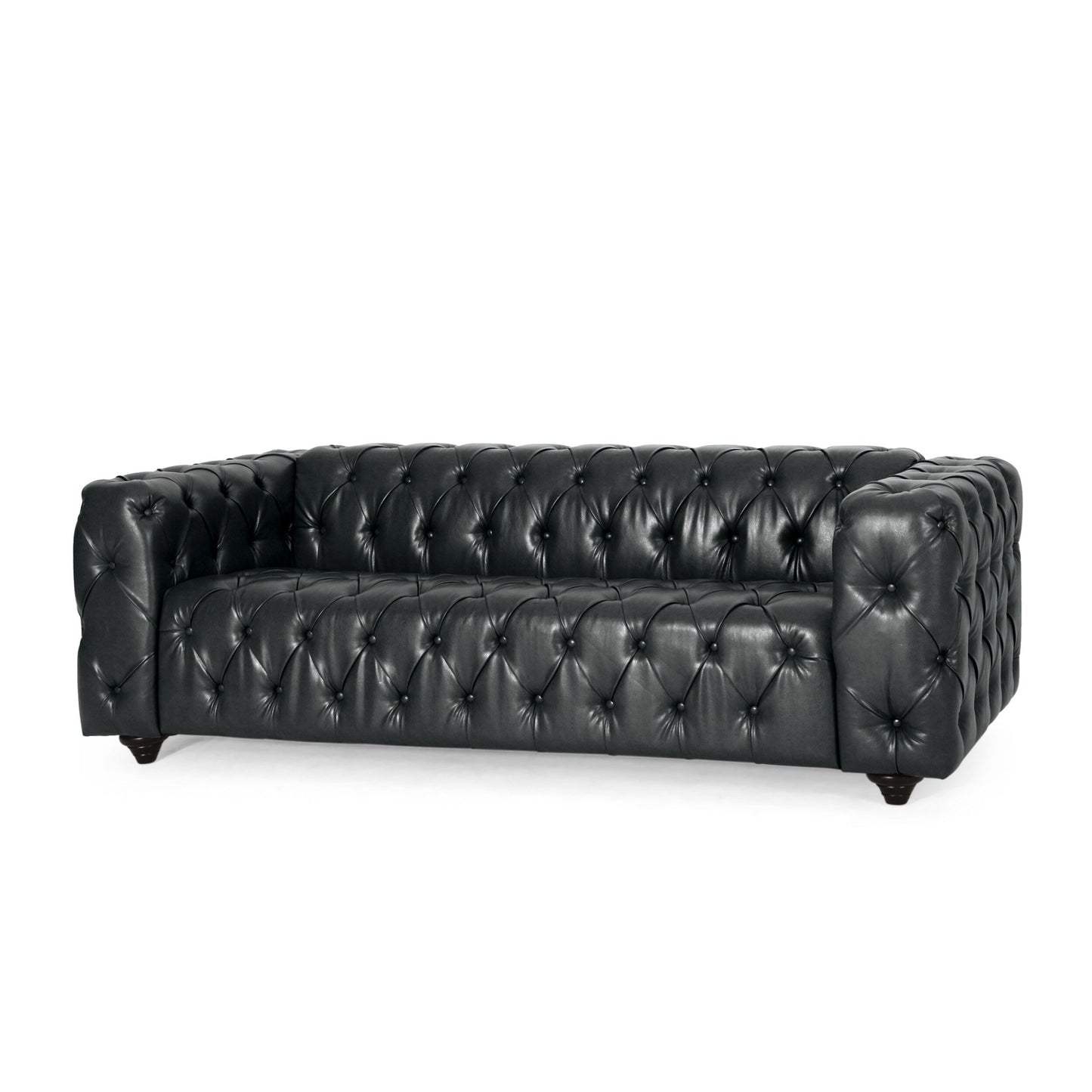 Black 83.5 PU Leather 3-Seater Sofa with Button-Tufted Back, Wide Armrests, and Vintage Wood Legs