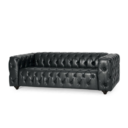Black 83.5 PU Leather 3-Seater Sofa with Button-Tufted Back, Wide Armrests, and Vintage Wood Legs