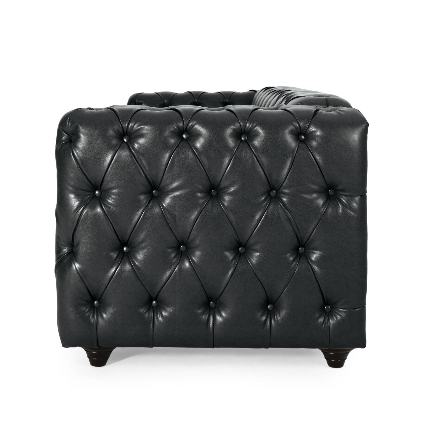 Black 83.5 PU Leather 3-Seater Sofa with Button-Tufted Back, Wide Armrests, and Vintage Wood Legs
