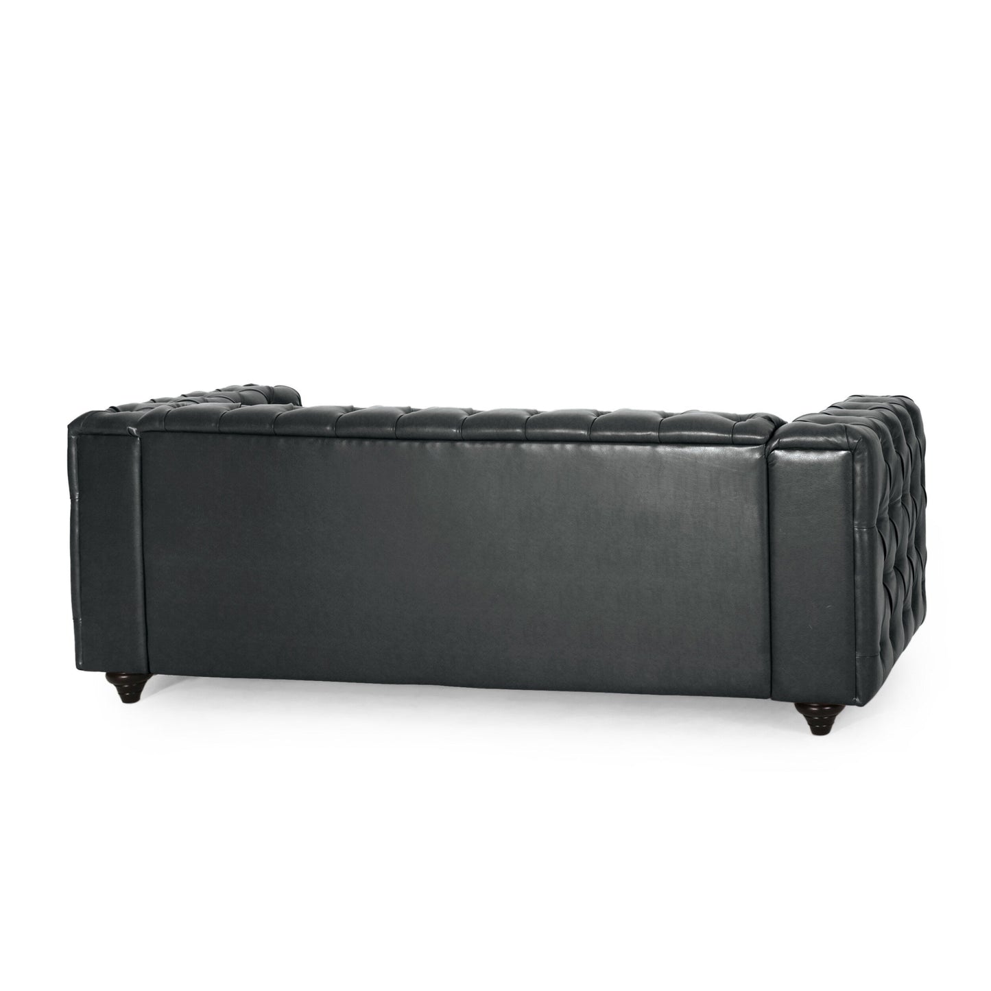 Black 83.5 PU Leather 3-Seater Sofa with Button-Tufted Back, Wide Armrests, and Vintage Wood Legs
