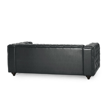 Black 83.5 PU Leather 3-Seater Sofa with Button-Tufted Back, Wide Armrests, and Vintage Wood Legs