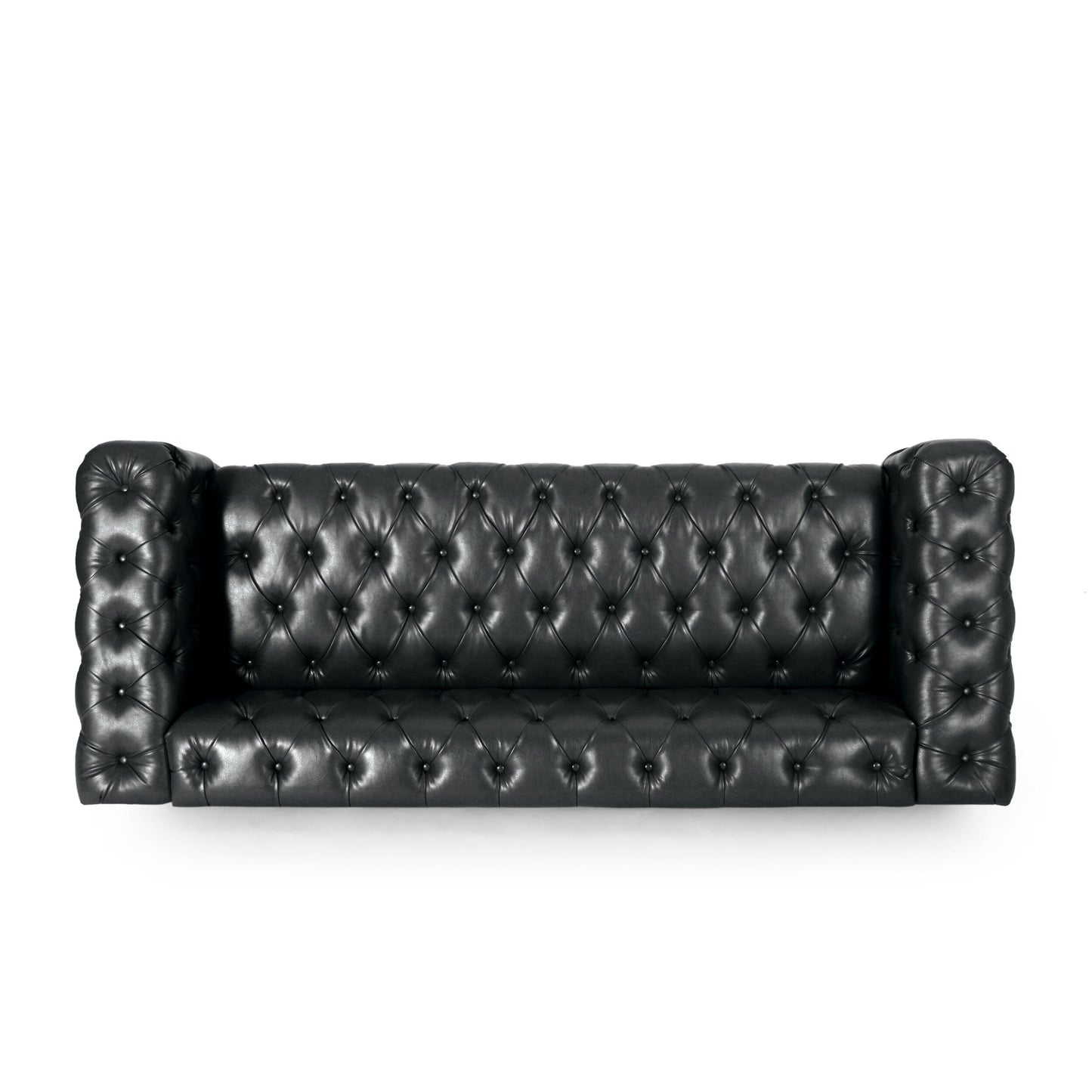 Black 83.5 PU Leather 3-Seater Sofa with Button-Tufted Back, Wide Armrests, and Vintage Wood Legs