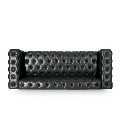 Black 83.5 PU Leather 3-Seater Sofa with Button-Tufted Back, Wide Armrests, and Vintage Wood Legs