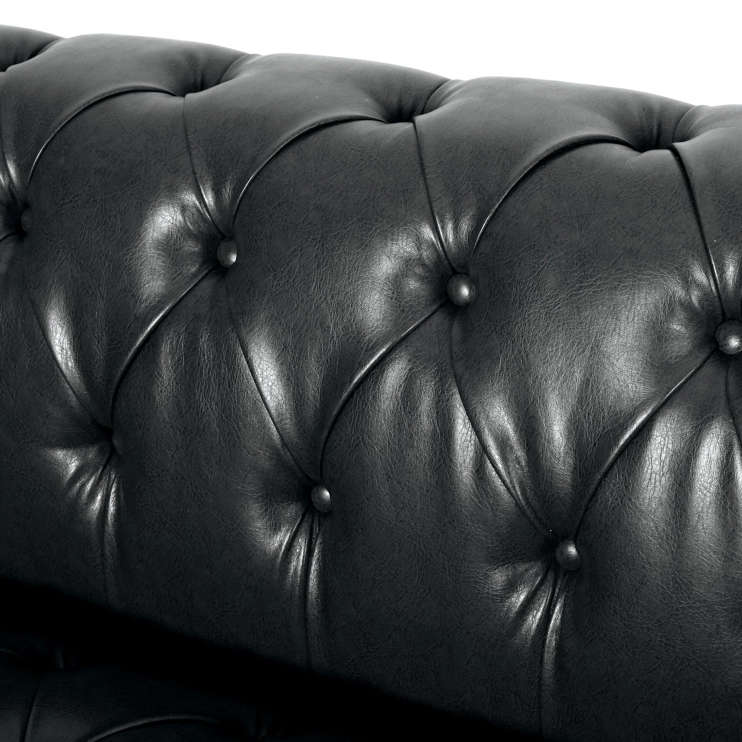 Black 83.5 PU Leather 3-Seater Sofa with Button-Tufted Back, Wide Armrests, and Vintage Wood Legs