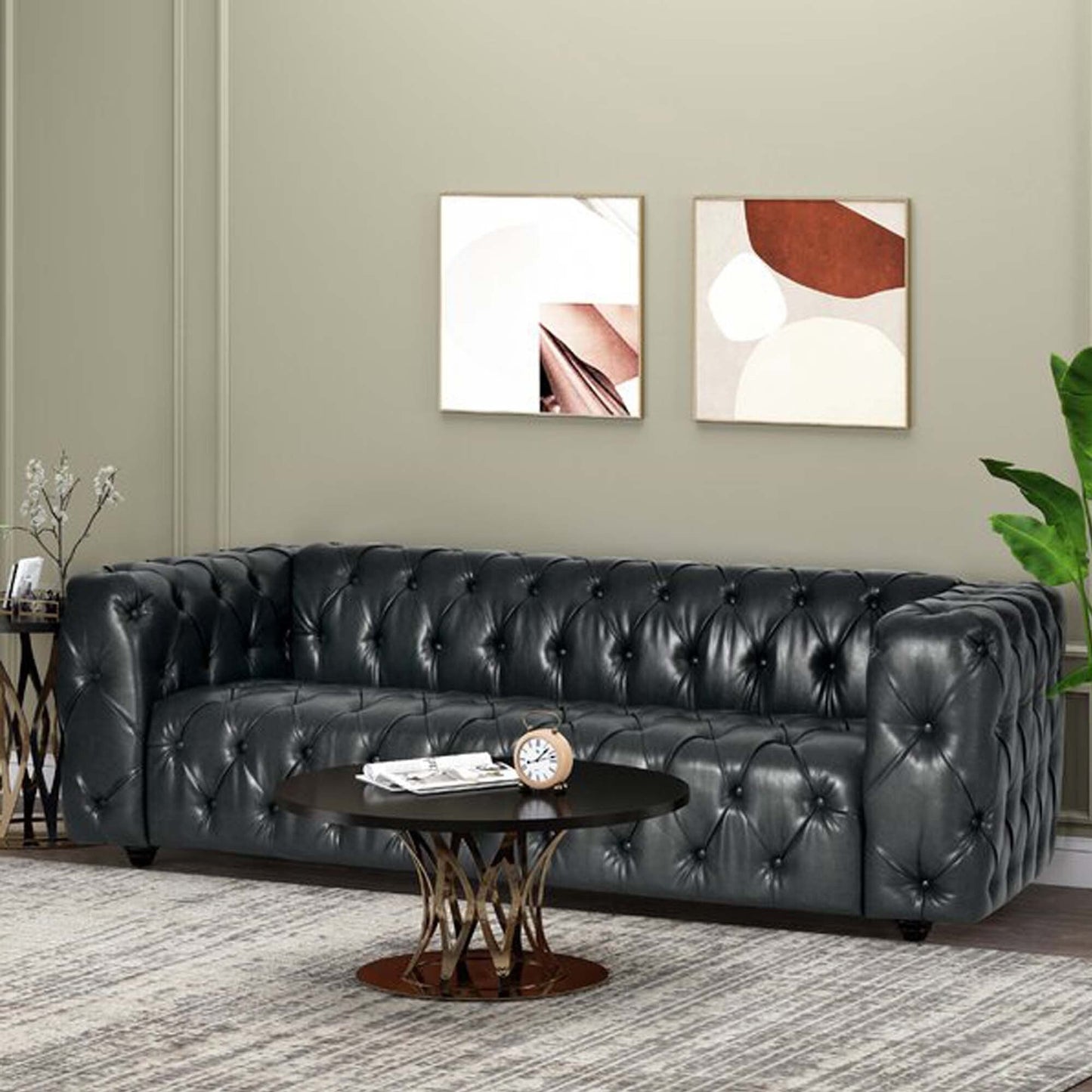 Black 83.5 PU Leather 3-Seater Sofa with Button-Tufted Back, Wide Armrests, and Vintage Wood Legs