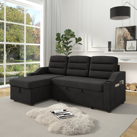 Black 83.5'' Polyester Convertible Sleeper Sofa with Pull-Out Bed and Cup Holder