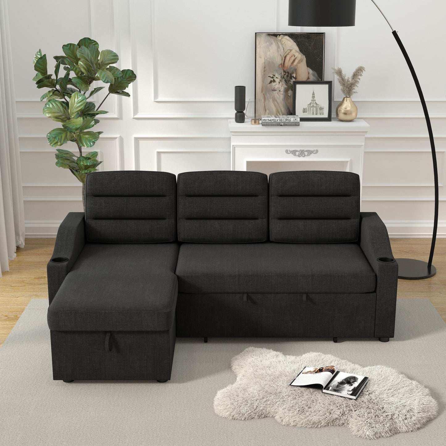Black 83.5'' Polyester Sleeper Sofa Couch, 3-Seater with Pull-Out Bed, Storage Recliner, Cup Holder, and Side Pockets