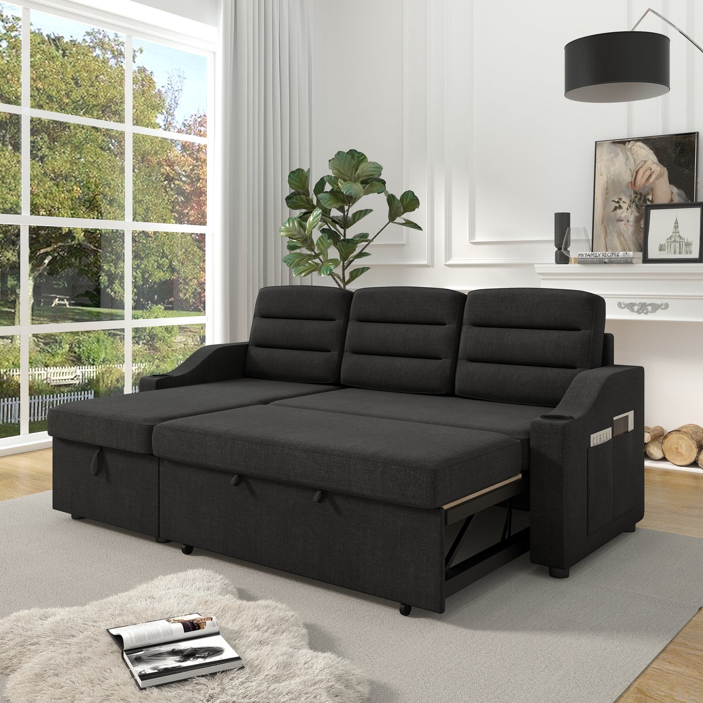 Black 83.5'' Polyester Sleeper Sofa Couch, 3-Seater with Pull-Out Bed, Storage Recliner, Cup Holder, and Side Pockets