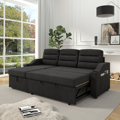 Black 83.5'' Polyester Sleeper Sofa Couch, 3-Seater with Pull-Out Bed, Storage Recliner, Cup Holder, and Side Pockets