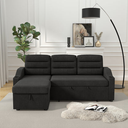 Black 83.5'' Polyester Sleeper Sofa Couch, 3-Seater with Pull-Out Bed, Storage Recliner, Cup Holder, and Side Pockets