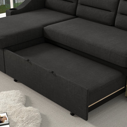 Black 83.5'' Polyester Sleeper Sofa Couch, 3-Seater with Pull-Out Bed, Storage Recliner, Cup Holder, and Side Pockets