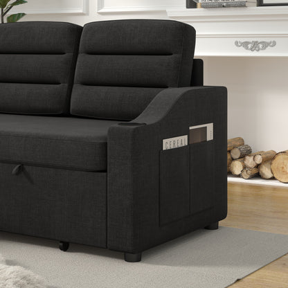 Black 83.5'' Polyester Sleeper Sofa Couch, 3-Seater with Pull-Out Bed, Storage Recliner, Cup Holder, and Side Pockets