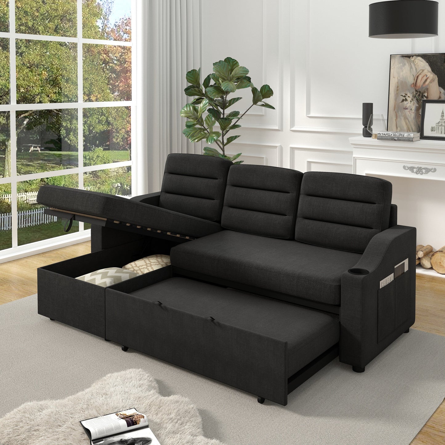 Black 83.5'' Polyester Sleeper Sofa, 3-Seater with Storage Recliner, Pull-Out Bed, Cup Holders, and Side Storage Pockets