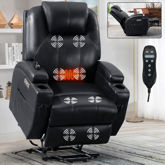 Black Power Lift Recliner with Dual USB Ports, 8-Point Massage, Lumbar Heating, Cup Holders, and Quiet Okin Motor
