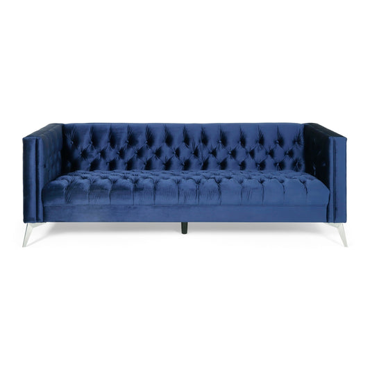 Blue Modern 86.75 Faux Leather Button Tufted 3-seater Sofa with Smooth T-shaped Iron Legs for Living Room