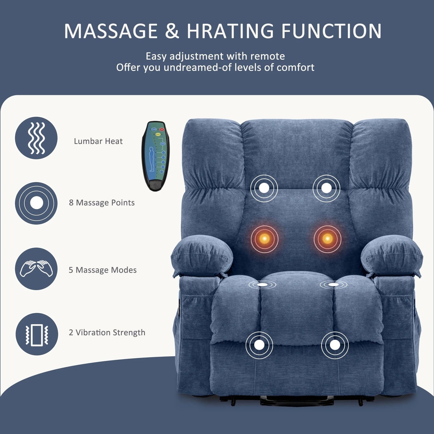 Blue Power Lift Recliner with Heat, Massage, USB Charging, Side Storage, and Remote Control