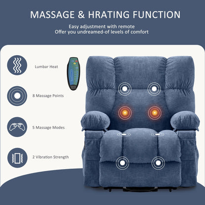 Blue Power Lift Recliner with Heat, Massage, USB Charging, Side Storage, and Remote Control