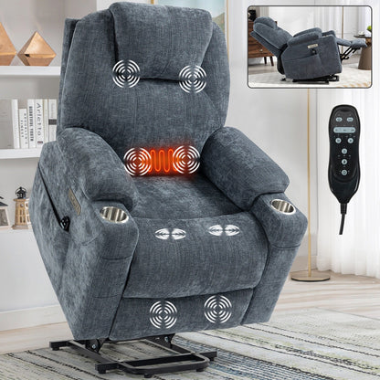 Blue Power Lift Recliner with Massage, Heat & Cup Holders