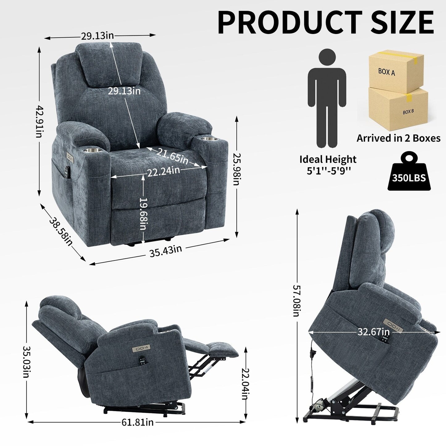 Blue Power Lift Recliner with Massage, Heat & Cup Holders