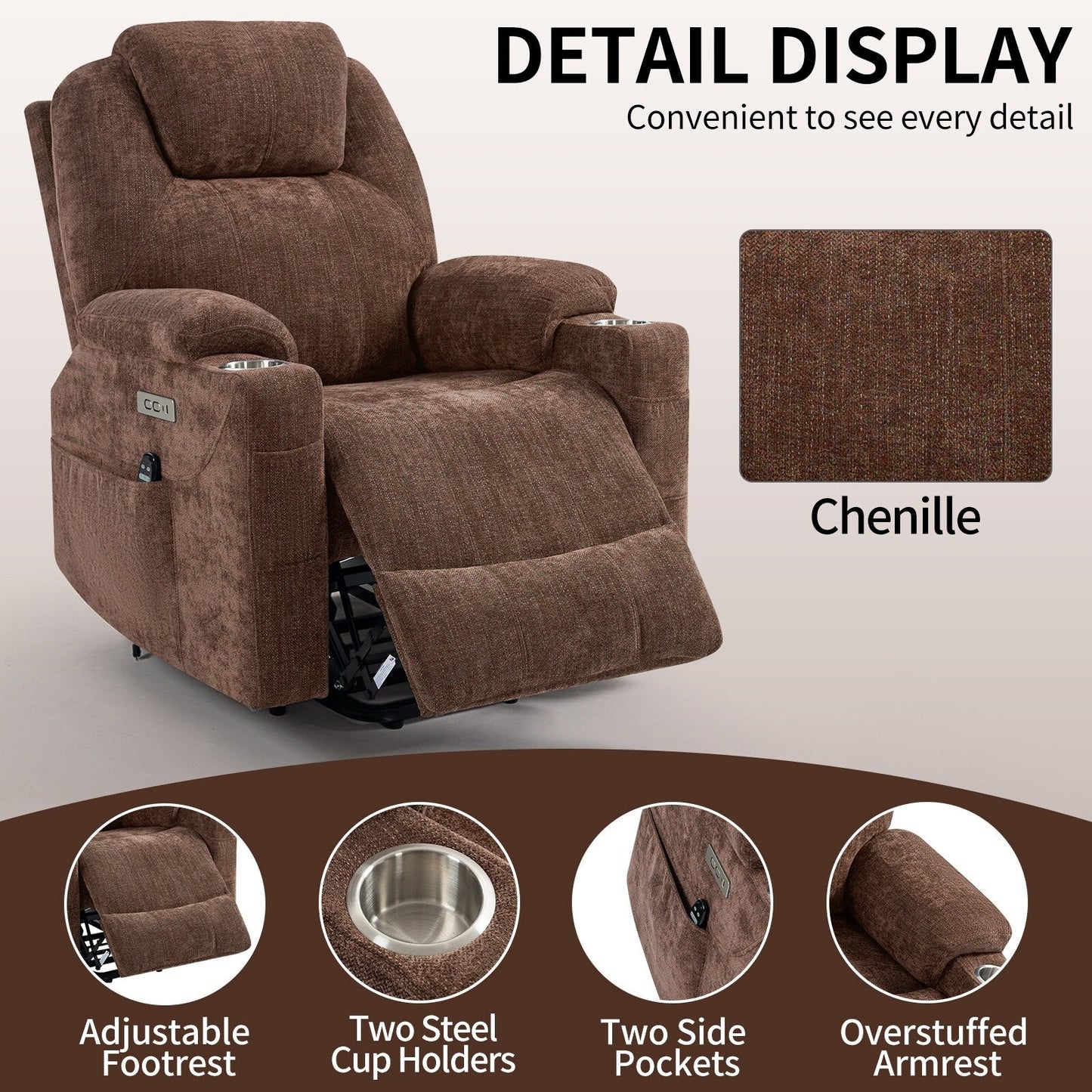 Blue Power Lift Recliner with Vibration Massage, Heat, USB, and Cup Holders