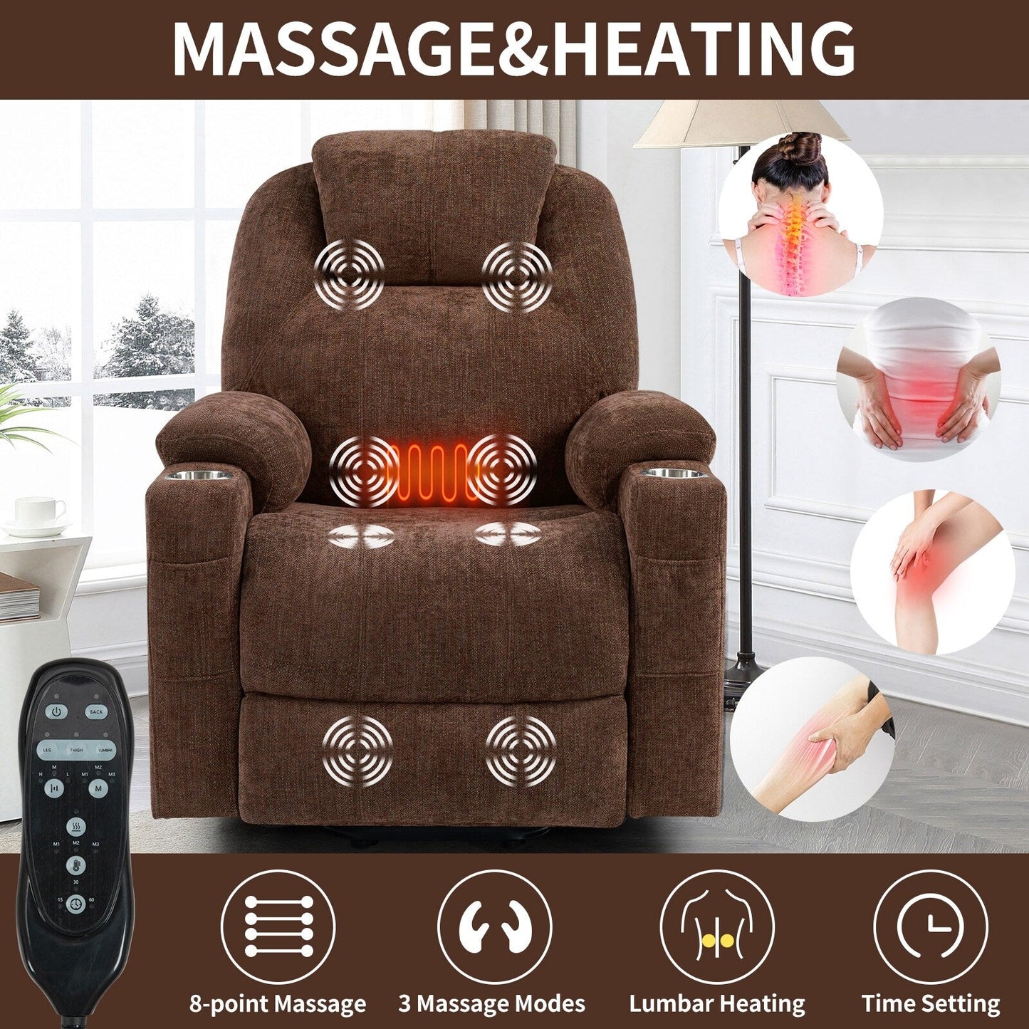 Blue Power Lift Recliner with Vibration Massage, Heat, USB, and Cup Holders