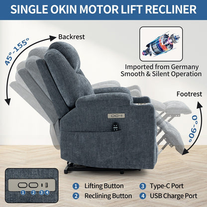 Blue Power Lift Recliner with Vibration Massage, Heat, USB, and Cup Holders