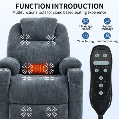 Blue Power Lift Recliner with Vibration Massage, Heat, USB, and Cup Holders