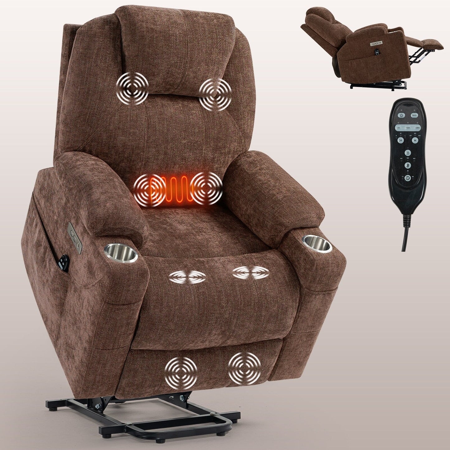 Blue Power Lift Recliner with Vibration Massage, Heat, USB, and Cup Holders