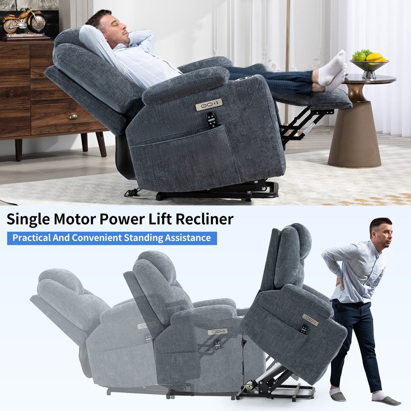 Blue Power Lift Recliner with Vibration Massage, Heat, USB, and Cup Holders