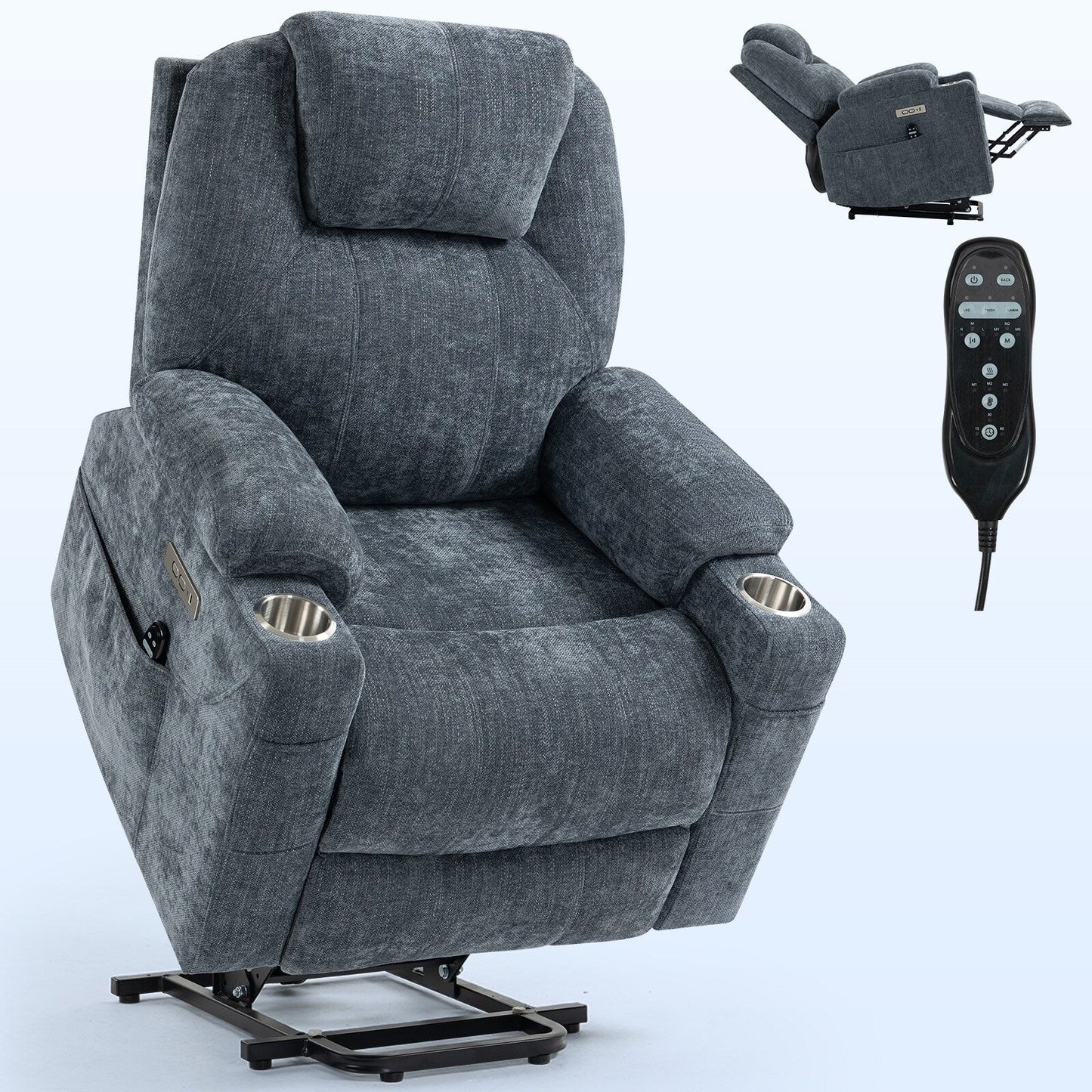 Blue Recliner Chair with 8-Point Vibration Massage, Lumbar Heating, Dual USB Ports, and Stainless Steel Cup Holders