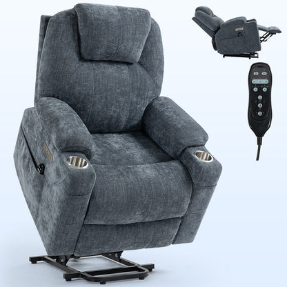 Blue Recliner Chair with 8-Point Vibration Massage, Lumbar Heating, Dual USB Ports, and Stainless Steel Cup Holders