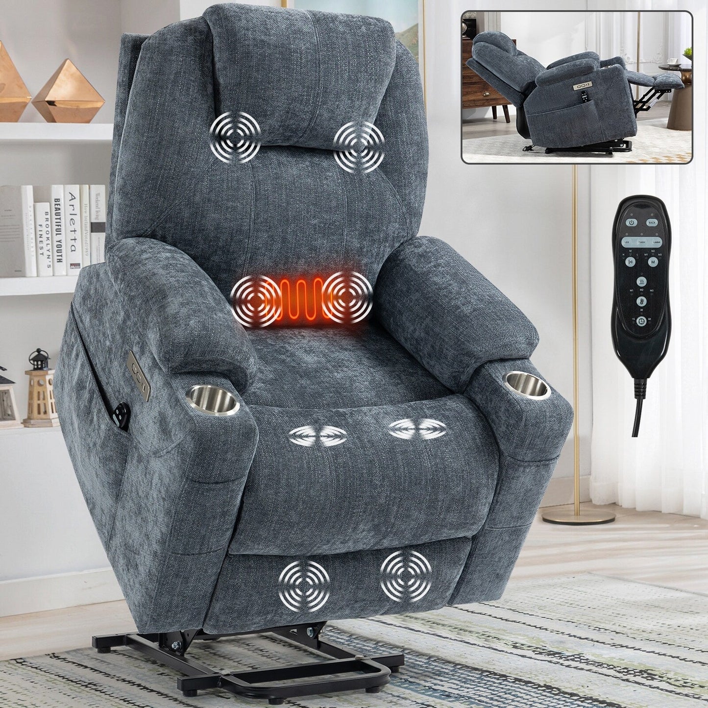 Blue Recliner Chair with 8-Point Vibration Massage, Lumbar Heating, Dual USB Ports, and Stainless Steel Cup Holders