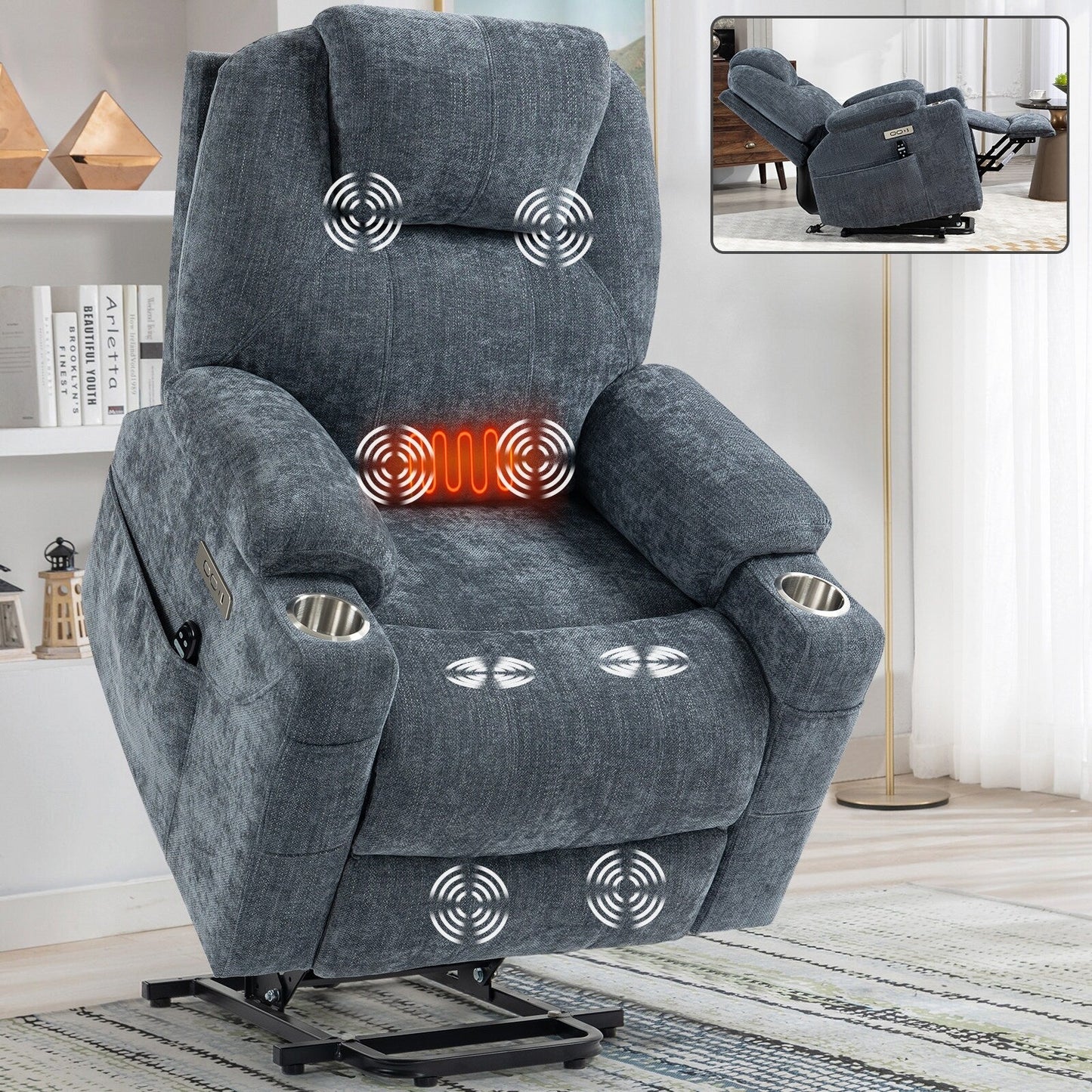 Blue Recliner Chair with 8-Point Vibration Massage, Lumbar Heating, Dual USB Ports, and Stainless Steel Cup Holders