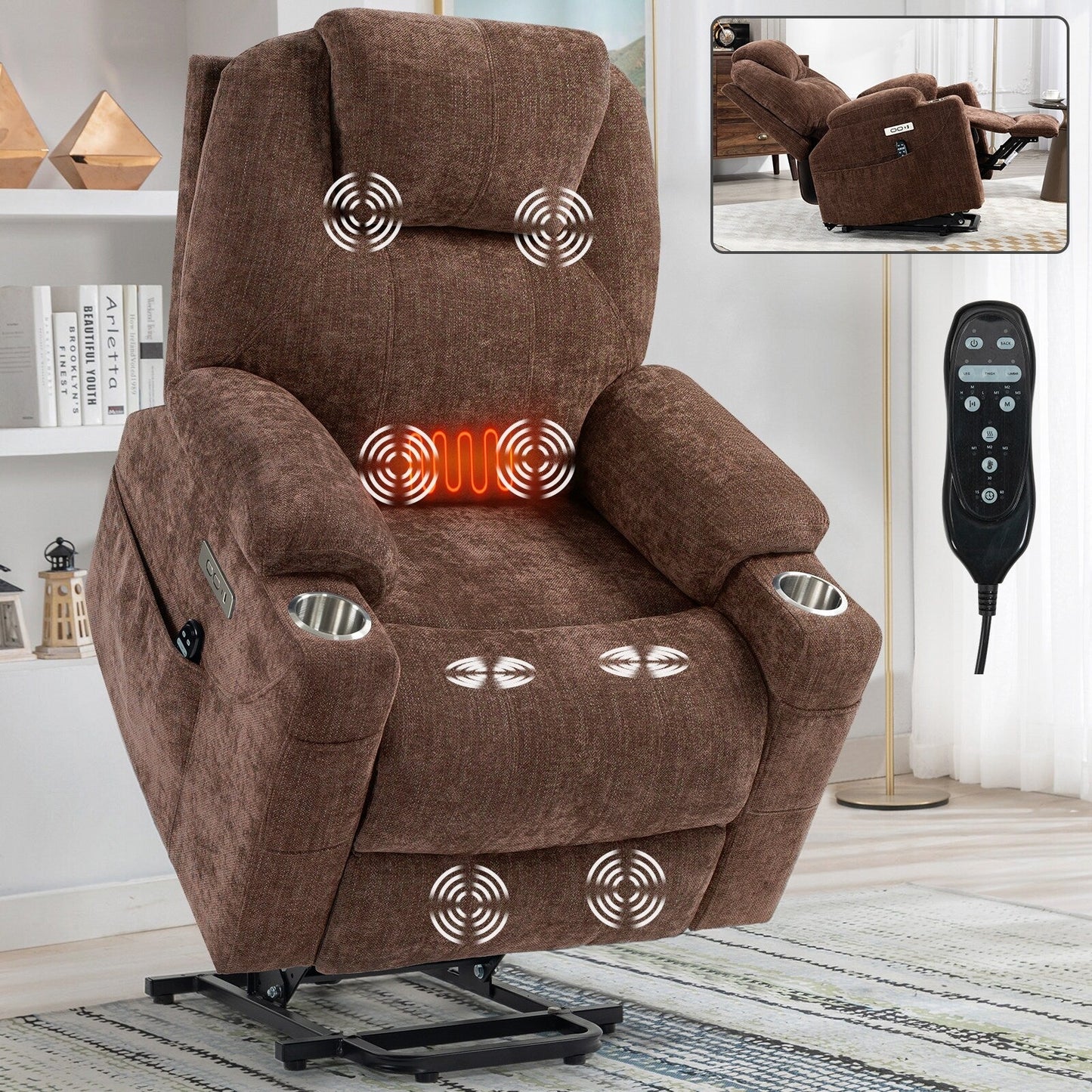 Blue Recliner Chair with 8-Point Vibration Massage, Lumbar Heating, Dual USB Ports, and Stainless Steel Cup Holders
