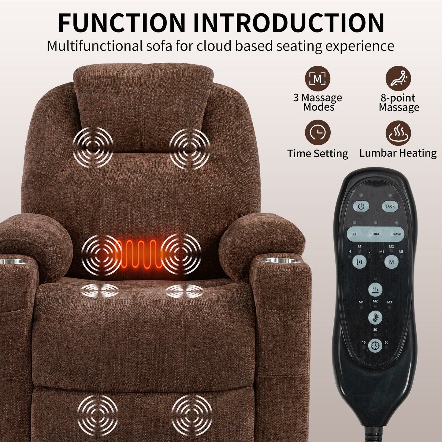 Blue Recliner Chair with 8-Point Vibration Massage, Lumbar Heating, Dual USB Ports, and Stainless Steel Cup Holders