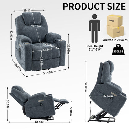 Blue Recliner Chair with 8-Point Vibration Massage, Lumbar Heating, Dual USB Ports, and Stainless Steel Cup Holders