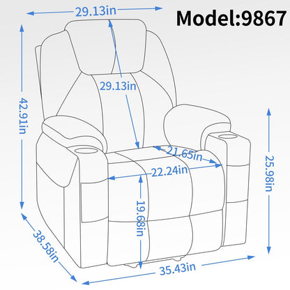 Blue Recliner Chair with 8-Point Vibration Massage, Lumbar Heating, Dual USB Ports, and Stainless Steel Cup Holders