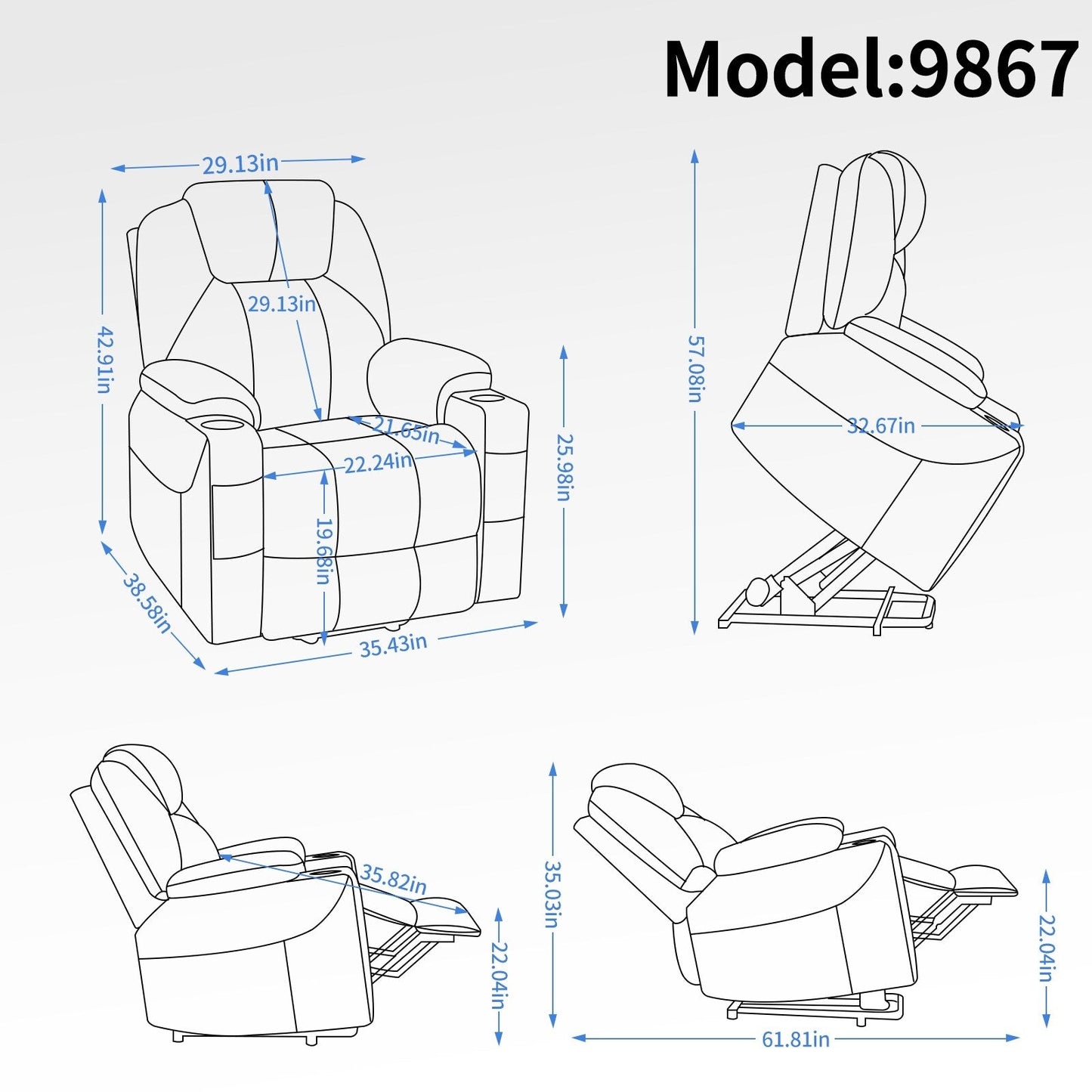 Blue Recliner Chair with 8-Point Vibration Massage, Lumbar Heating, Dual USB Ports, and Stainless Steel Drink Holders