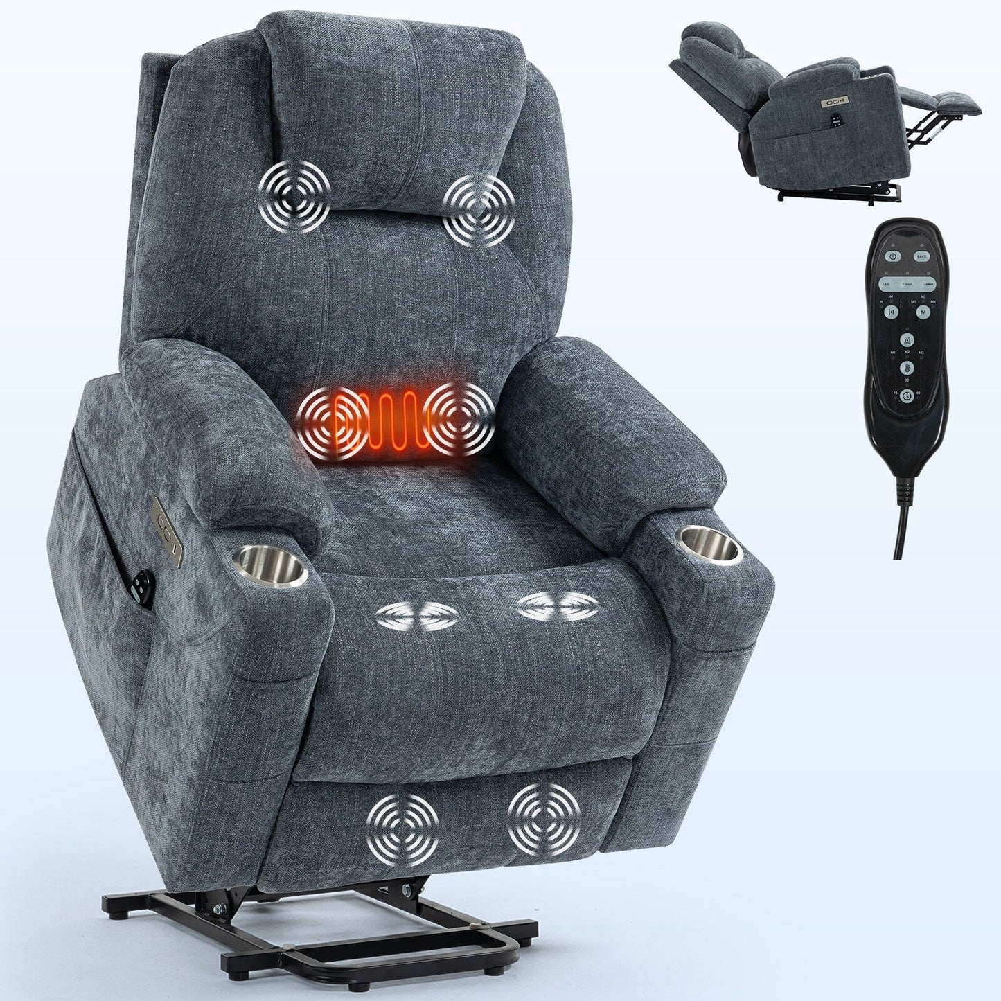 Blue Recliner Chair with 8-Point Vibration Massage, Lumbar Heating, Dual USB Ports, and Stainless Steel Drink Holders