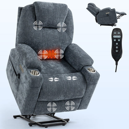 Blue Recliner Chair with 8-Point Vibration Massage, Lumbar Heating, Dual USB Ports, and Stainless Steel Drink Holders