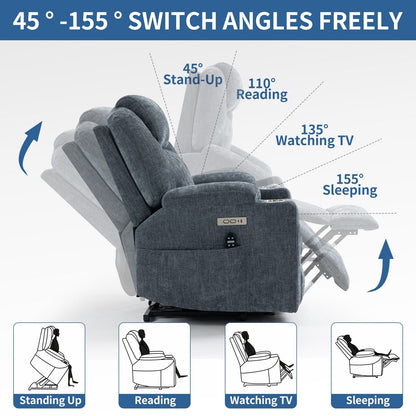 Blue Recliner Chair with 8-Point Vibration Massage, Lumbar Heating, Dual USB Ports, and Stainless Steel Drink Holders